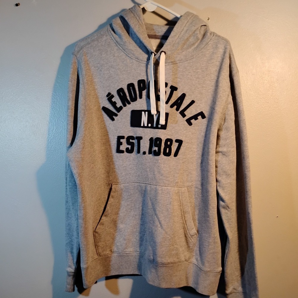 Aeropostale Hoodie, Unisex Women Large Gray Y2K Pullover Logo Cotton